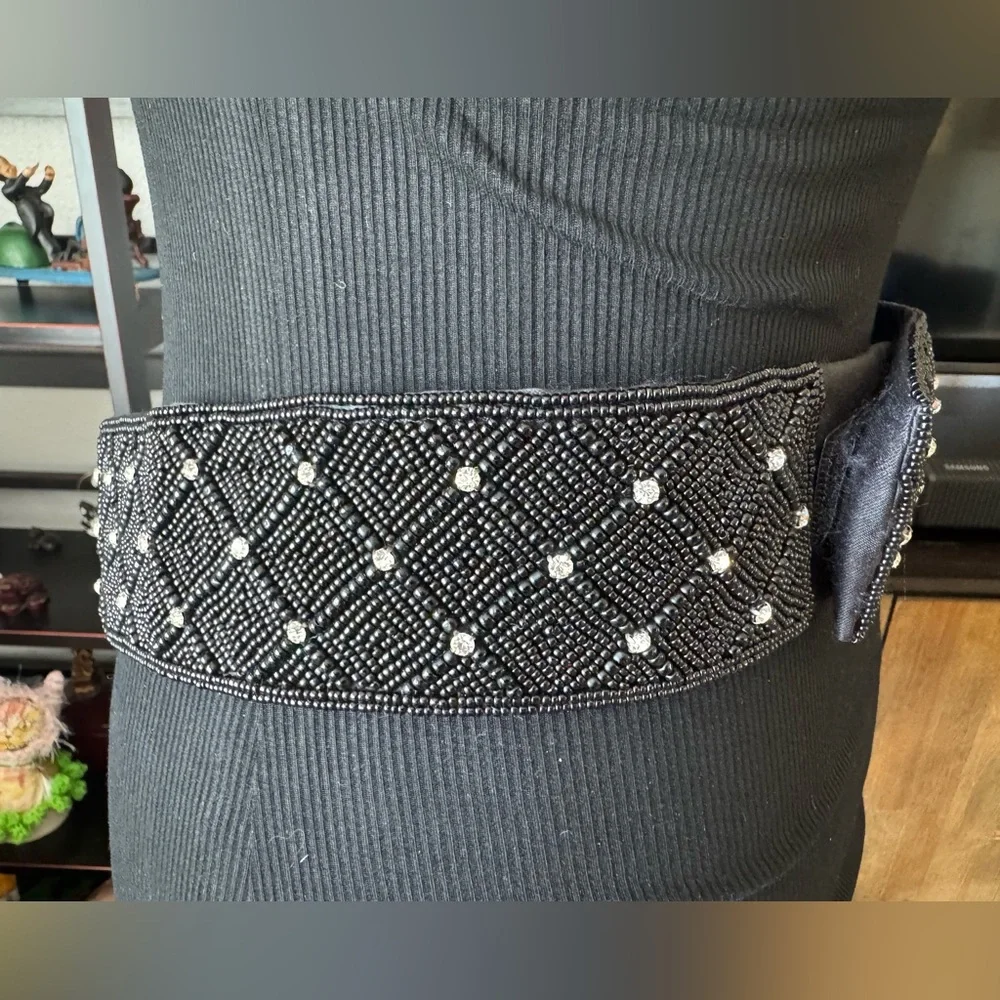 Magid Black Beaded Belt with Rhinestones